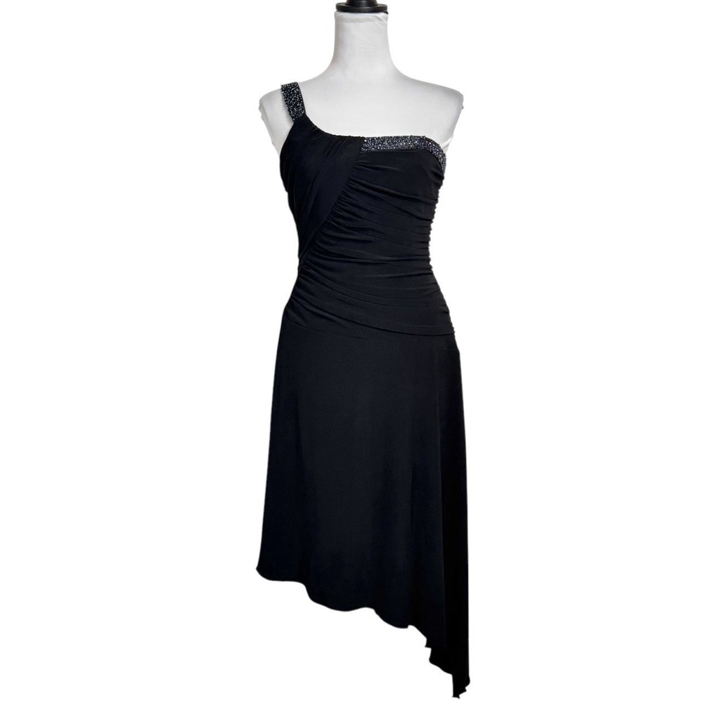 Y2K LAUNDRY Shelli Segal Beaded Asymmetric Midi Cocktail Dress‎ Size 4 LBD Party